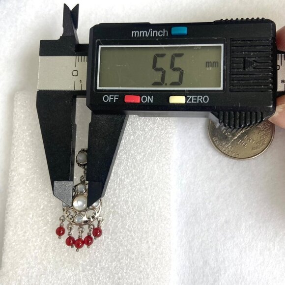 Sterling Silver 925 White Mother Of Pearl Red Beaded Chandelier Dangle Earrings - Picture 14 of 16